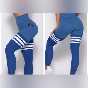 Bombshell Sportswear Blue Workout Leggings Pocket Thigh-High White Stripes